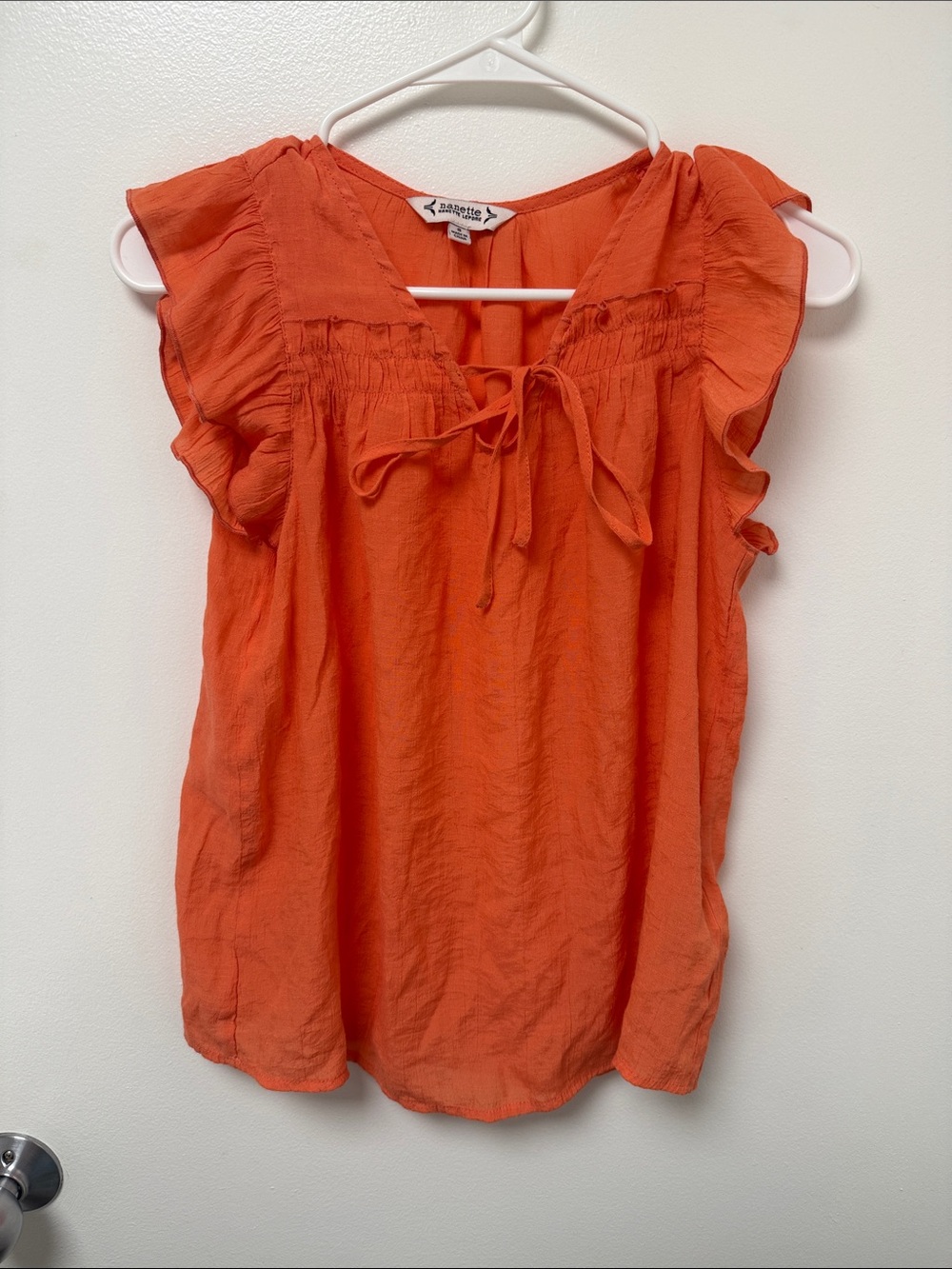 Nanette Lenore Coral-Orange Ruffle Tie-Front Blouse